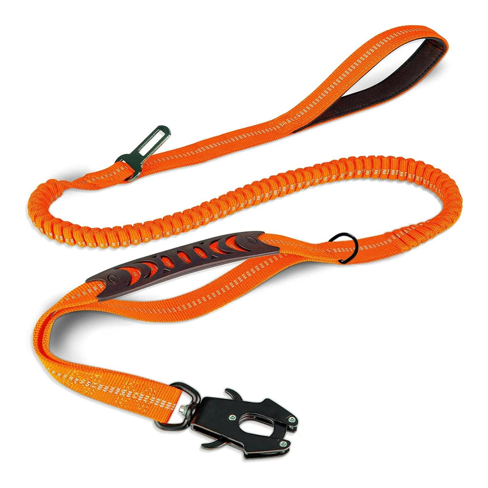Heavy-Duty Tactical Dog Leash, 4-6FT Shock Absorbing Bungee Lead with Dual Padded Handles, Metal Carabiner Clip, and Car Seatbelt Attachment
