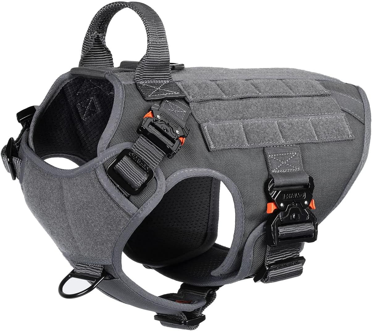Professional Tactical Dog Harness with 4X Metal Buckles, MOLLE K9 Vest for Working Dogs, No-Pull Front Clip, Adjustable Harness for Medium Dogs (Chest Size 25"-31"), Grey