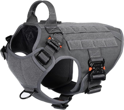 Professional Tactical Dog Harness with 4X Metal Buckles, MOLLE K9 Vest for Working Dogs, No-Pull Front Clip, Adjustable Harness for Medium Dogs (Chest Size 25"-31"), Grey