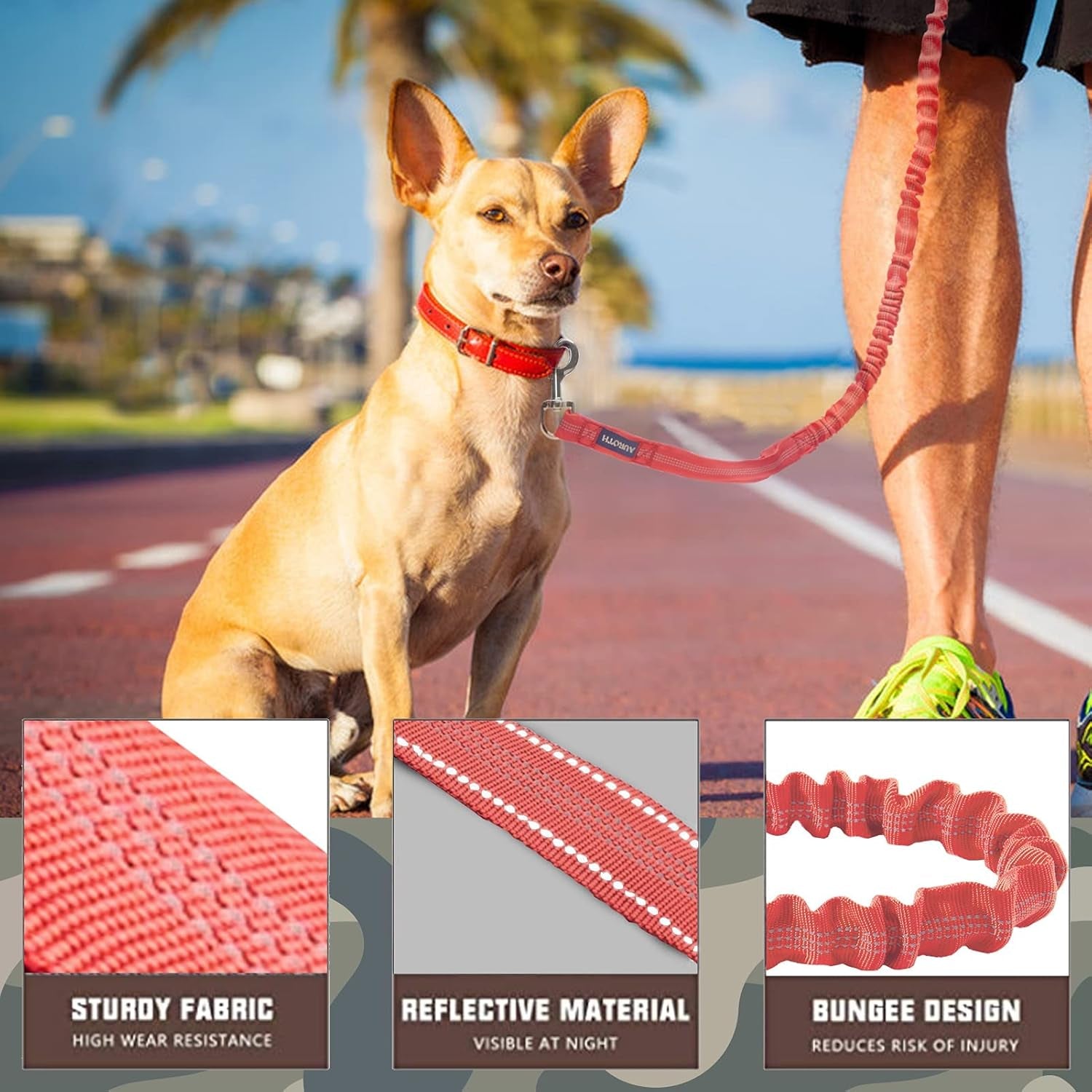 Heavy-Duty Bungee Dog Leash for Large Breeds - 6FT with Dual Padded Handles, Shock Absorption, and No-Pull Training - Red