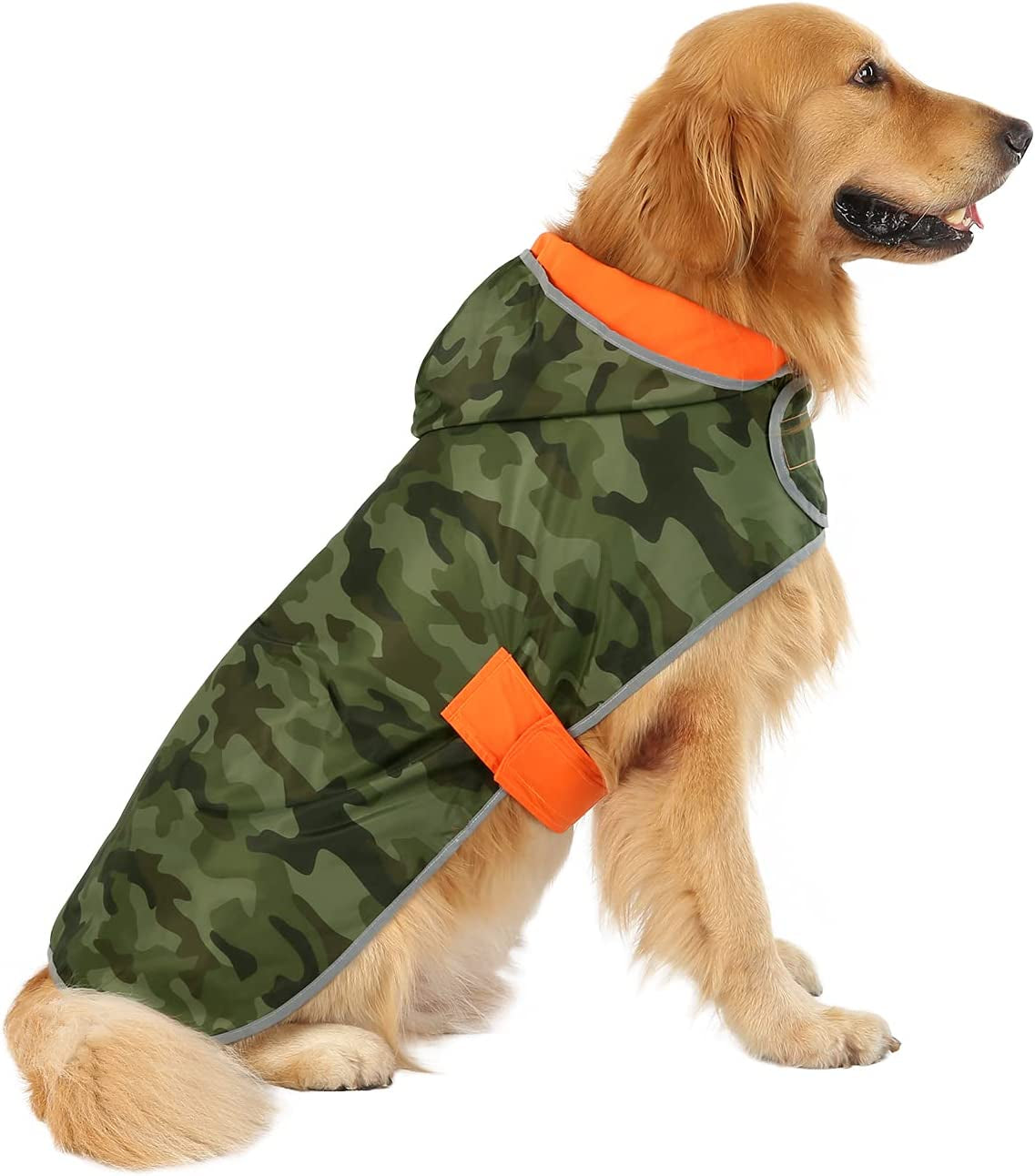 Reversible Hooded Dog Raincoat Poncho Jacket in Camo Orange for Small, Medium, and Large Breeds - Size L