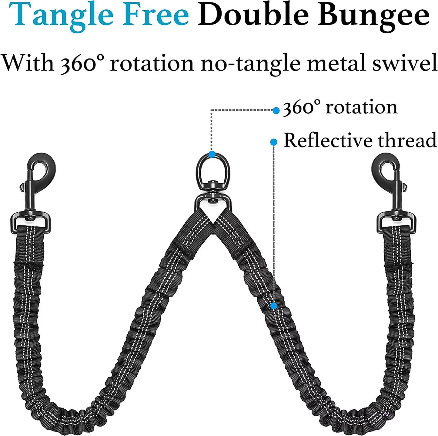 Professional Dual Dog Leash with 360° Swivel, Shock Absorbing Bungee Design for Training Two Dogs (25-150 lbs), Black