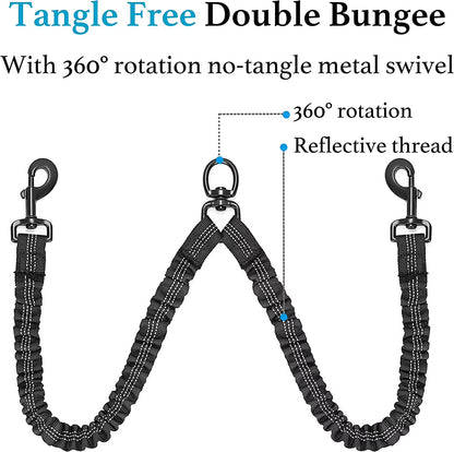 Professional Dual Dog Leash with 360° Swivel, Shock Absorbing Bungee Design for Training Two Dogs (25-150 lbs), Black