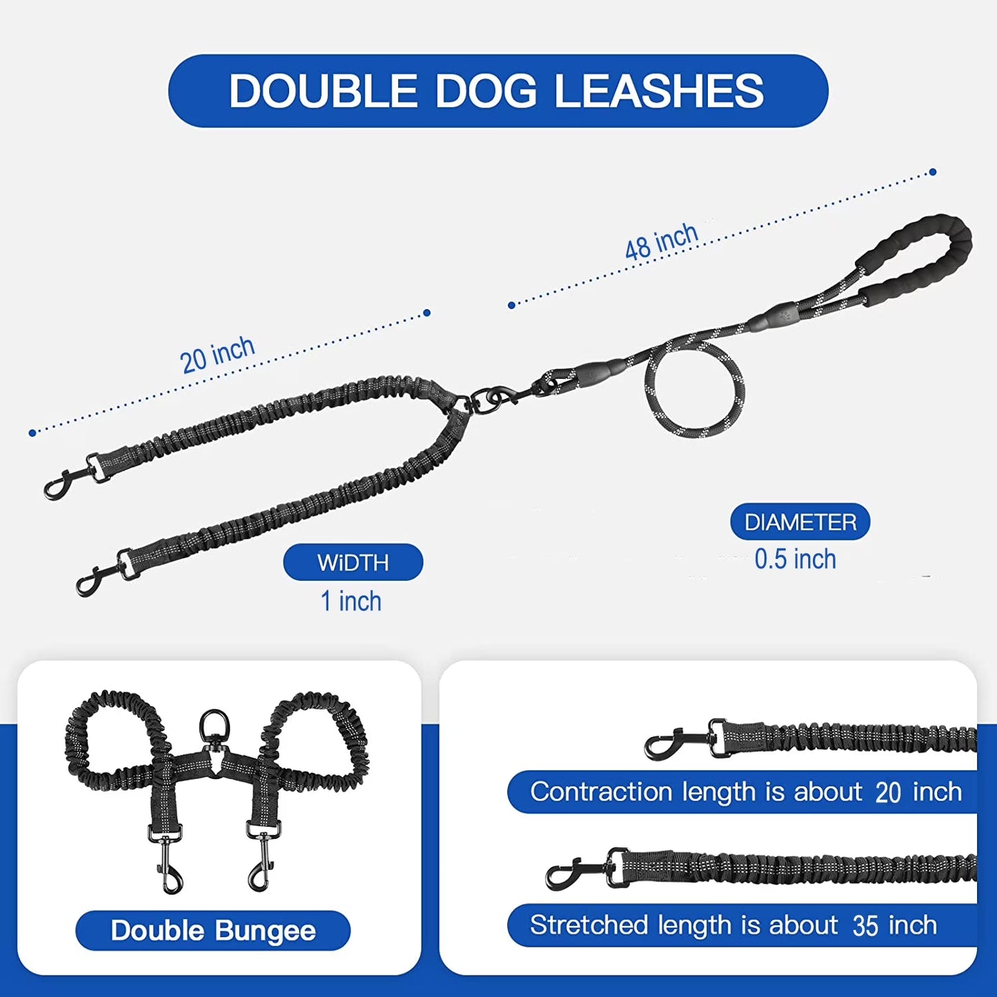 Professional Dual Dog Leash with 360° Swivel, Shock Absorbing Bungee Design for Training Two Dogs (25-150 lbs), Black