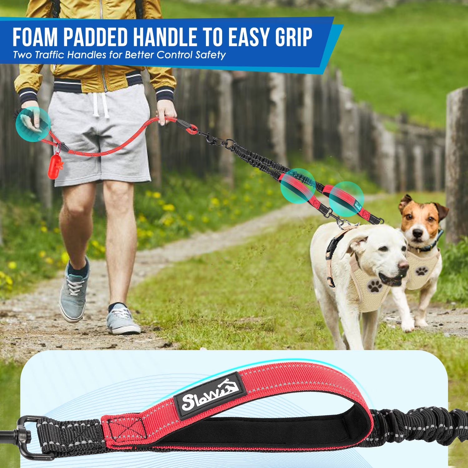 Professional Double Dog Leash with 360° Swivel and Reflective Splitter for Two Large Dogs (25-150 lbs)
