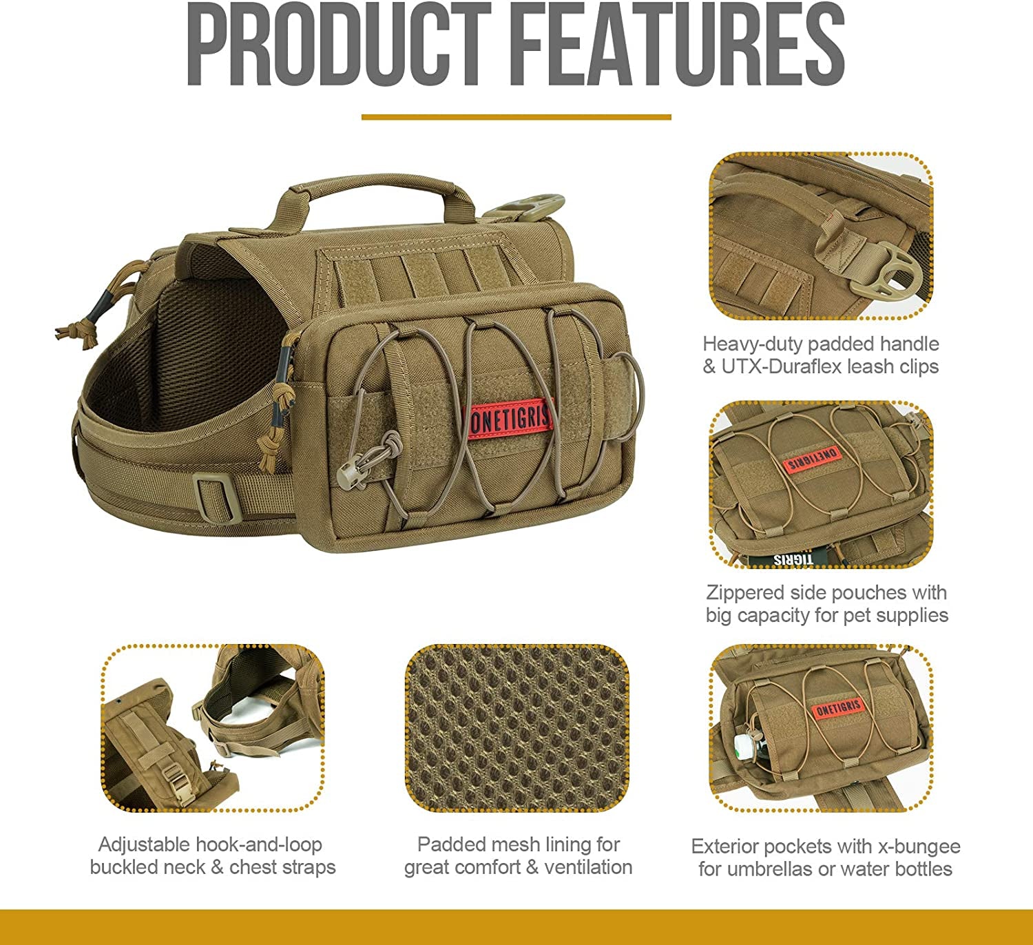 Tactical Nylon Dog Backpack for Medium and Large Breeds with Side Pockets for Hiking, Walking, Training, and Running (Brown, Medium)