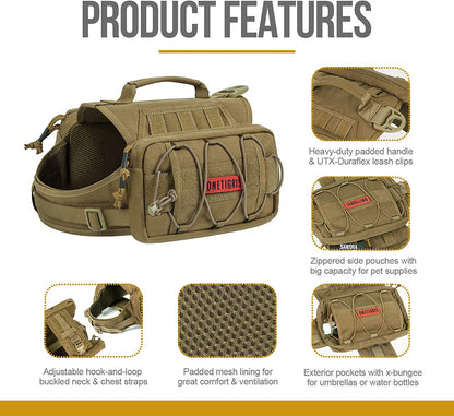 Tactical Nylon Dog Backpack for Medium and Large Breeds with Side Pockets for Hiking, Walking, Training, and Running (Brown, Medium)