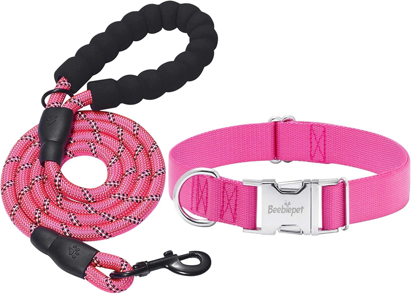 Adjustable Classic Dog Collar with Durable Metal Buckle for Small, Medium, and Large Dogs (Collar + Leash, Neck Size 14"-19", Pink)