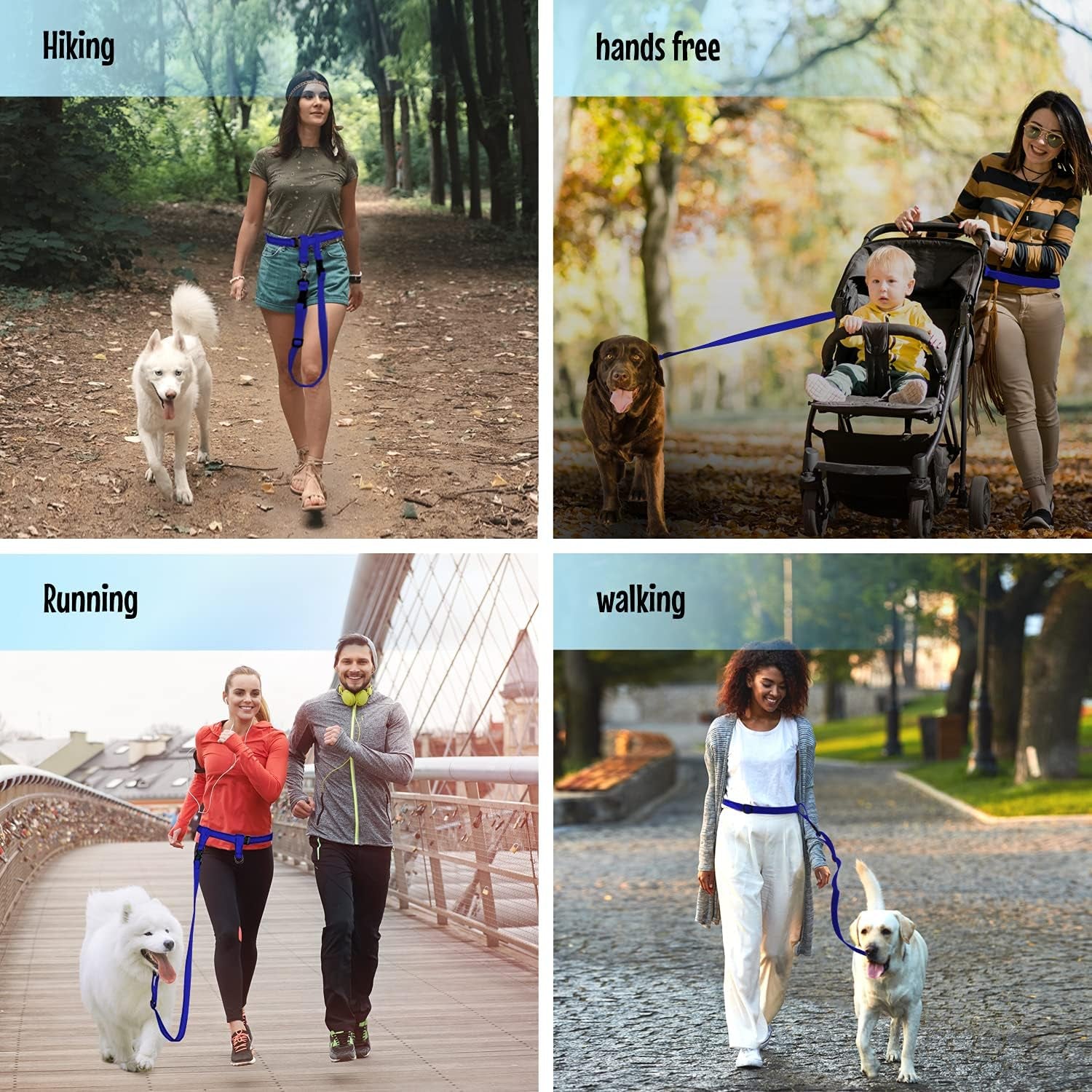 Adjustable Hands-Free Dog Leash for Running, Jogging, Training, and Service Dogs - Compatible with Small, Medium, and Large Breeds - Made in the USA (Royal Blue, Large Belt 27"-50" Waist)