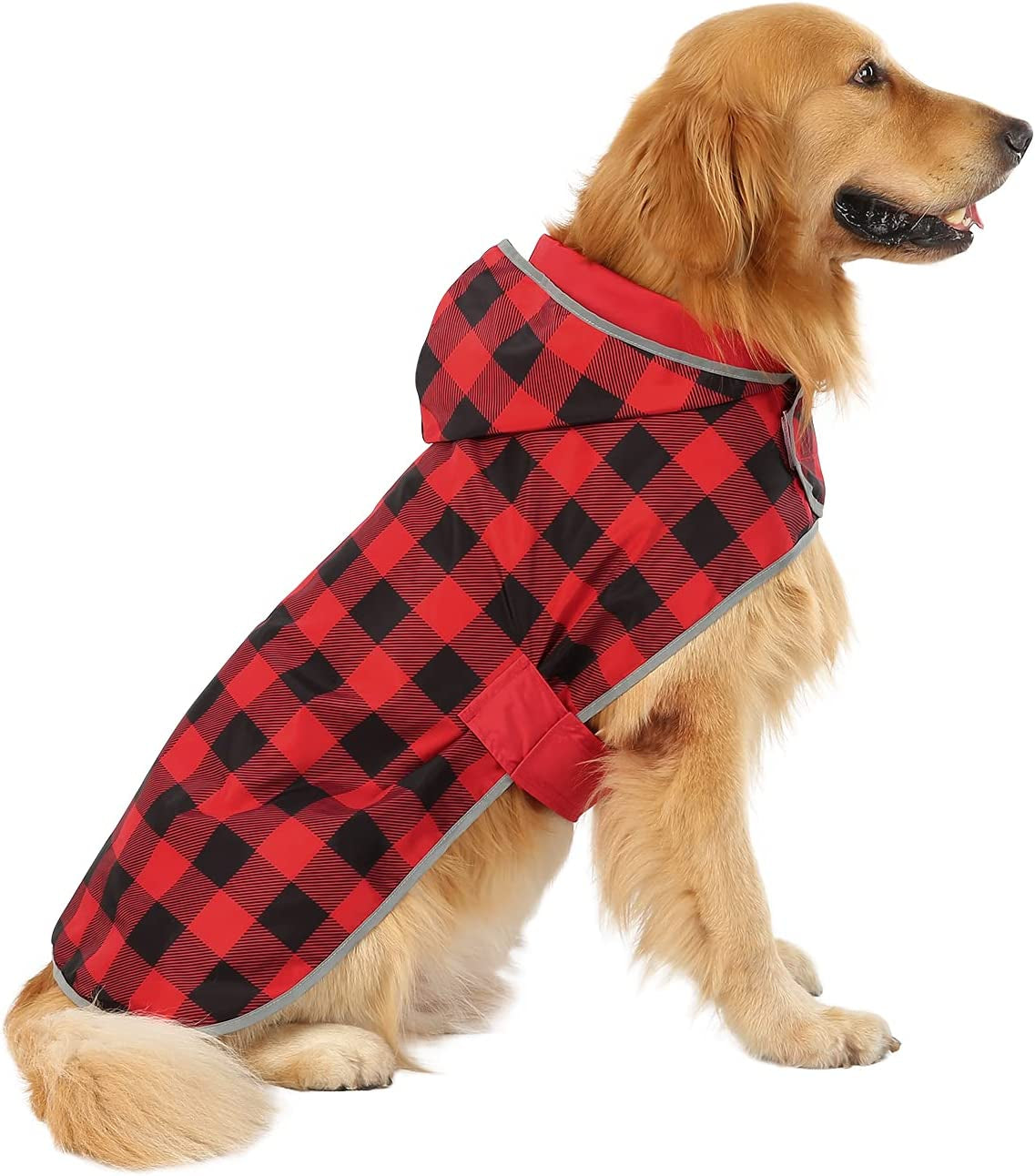 Reversible Hooded Dog Raincoat Poncho - Buffalo Plaid Red for Small to Extra Large Dogs