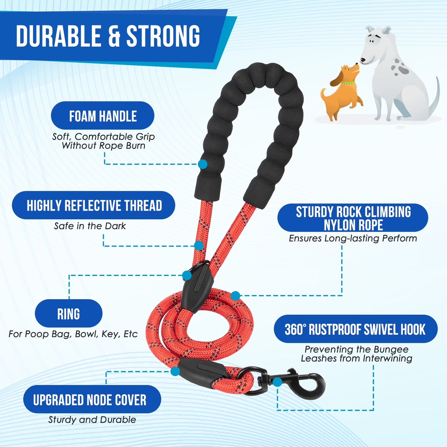 Professional Double Dog Leash with 360° Swivel and Reflective Splitter for Two Large Dogs (25-150 lbs)