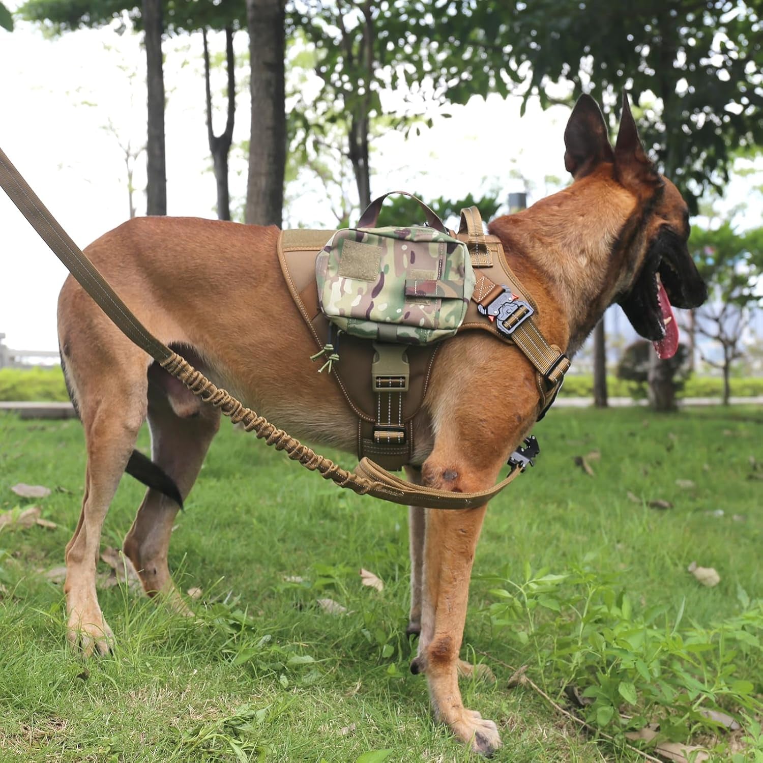 Large Tactical Dog Harness with Dual Metal Buckles, MOLLE Vest Design, No-Pull Front Leash Clip, and Hook and Loop Panel (Brown, Size L, Single Pack)